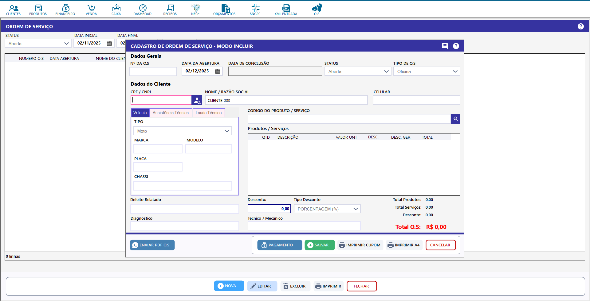 Tela do módulo de Ordem de Serviço