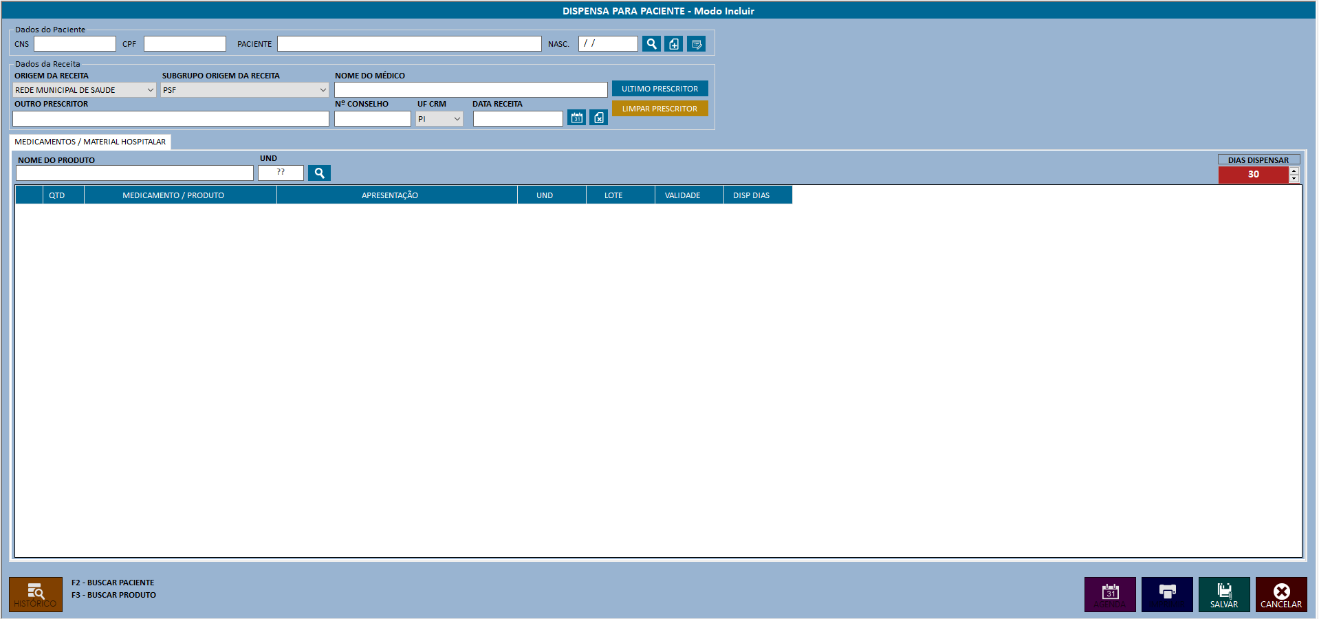 Tela de dispensação para paciente